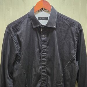 Envy Dress Shirt Mens L Black Solid Slim Fit Studded‎ Contrast Cuff Cotton LS